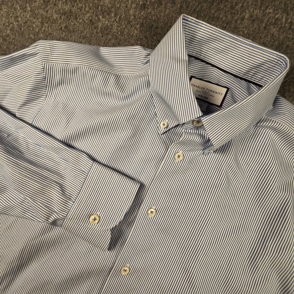 Charles Tyrwhitt Dress Shirt Mens 16/34 Blue Striped Classic Fit Non-Iron